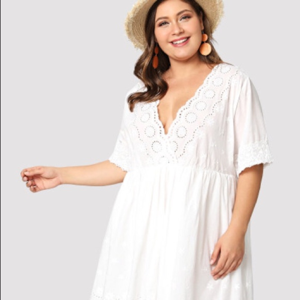 White Smock Dress with Eyelet Cutouts